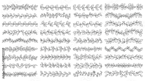 Diverse set of delicate floral and leaf borders hand drawn in black ink for elegant document decoration and stationery design.