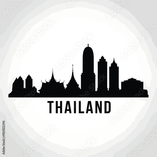 Bangkok skyline silhouette with the word Thailand underneath it