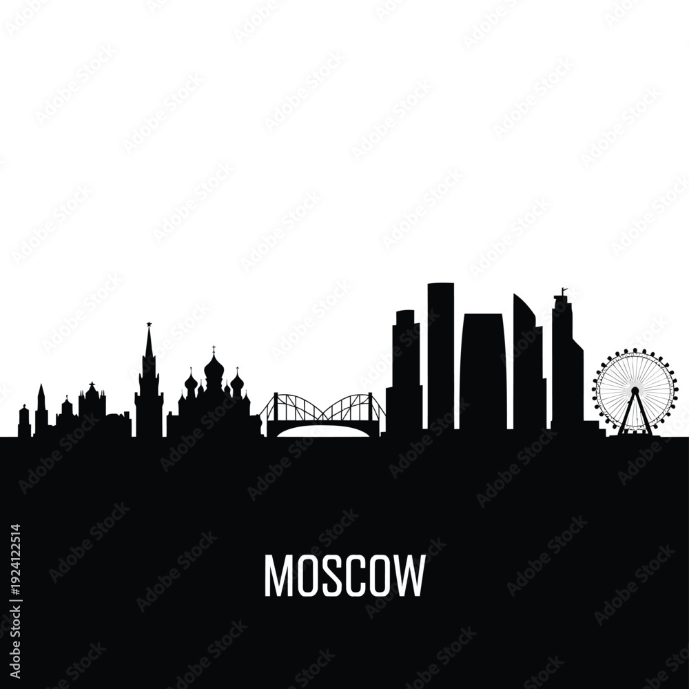 Fototapeta premium Silhouetted skyline of moscow with iconic landmarks and city name