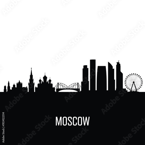 Silhouetted skyline of moscow with iconic landmarks and city name