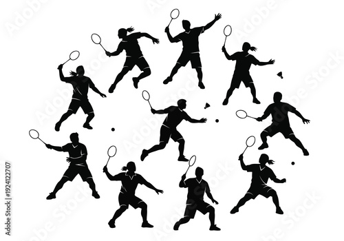 A group of tennis players in dynamic silhouette poses with rackets and balls on a white background