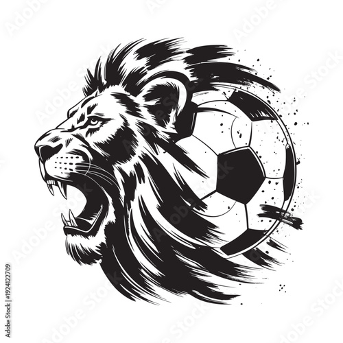 A roaring lion head combined with a soccer ball in a black and white design