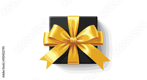 A single square black gift box, meticulously wrapped with a prominent, elaborate golden bow and ribbon, is presented from a direct top-down perspective on a white background.