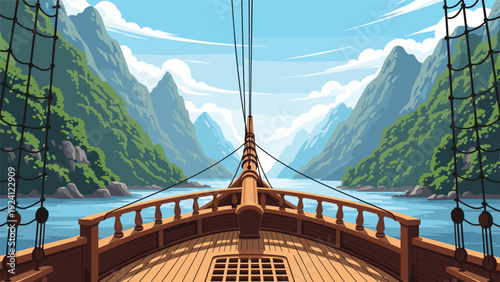 View from the wooden deck of a sailing ship looking out towards lush green mountains and calm blue water in a fjord.