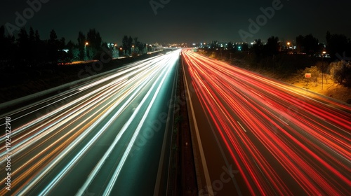 Nighttime Traffic Flow on Highway with Colorful Light Trails Capturing Motion and Urban Energy in City Landscape
