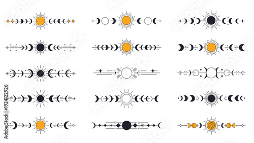Set of decorative moon phase dividers combines sun, moon, and stars in mystical bohemian designs for page separation.