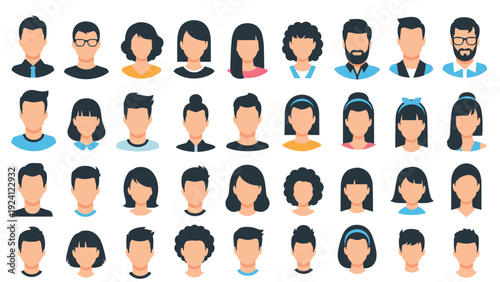 Diverse collection of human face avatars features various hairstyles, facial features, and expressions for user profiles.