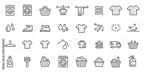 Laundry service icons with washing machine clothes basket and detergent cleaning
