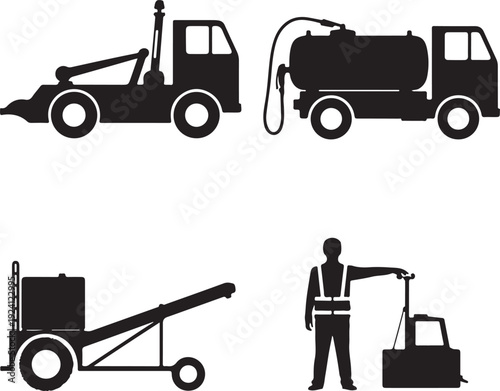 Four black of construction and service vehicles truck