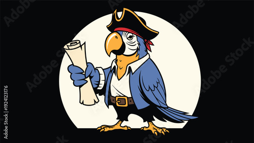 Pirate parrot character wearing a captain hat and holding a treasure map stands against a circular moon background.