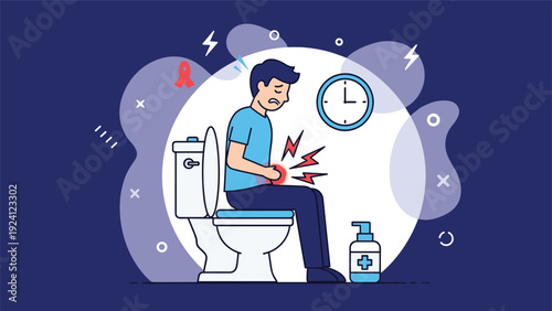 Illustration of a man sitting on a toilet experiencing stomach pain and indigestion in a flat informative graphic style.