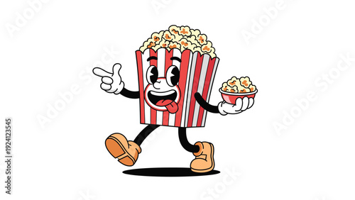 Vintage rubber hose style cartoon popcorn character walking happily while carrying a small bowl filled with tasty cinema snacks.