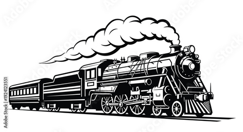 A vintage steam train chugs along the tracks in silhouette mode