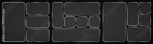 Liquid Glass Vector Frame Collection in Glassmorphism Style – Neon Luminescent Rectangular and Circular Frosted Glass UI UX Elements, Transparent Digital Button Boxes Isolated on Background