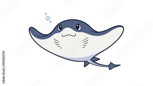 Adorable cartoon stingray character with a happy face swimming through clear blue water with rising bubbles in a simple art style.