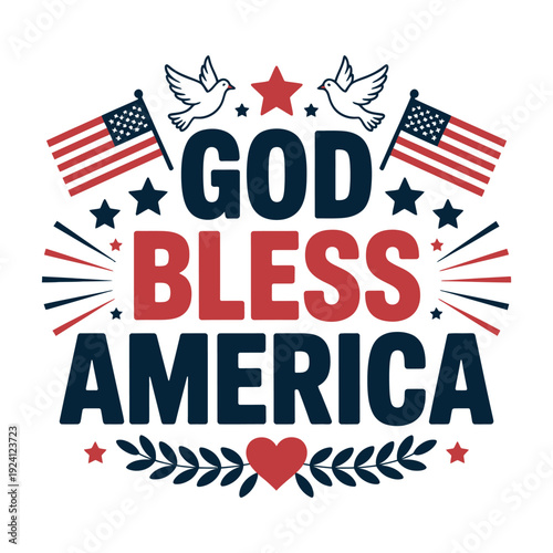 A patriotic graphic with the words God Bless America and American flags