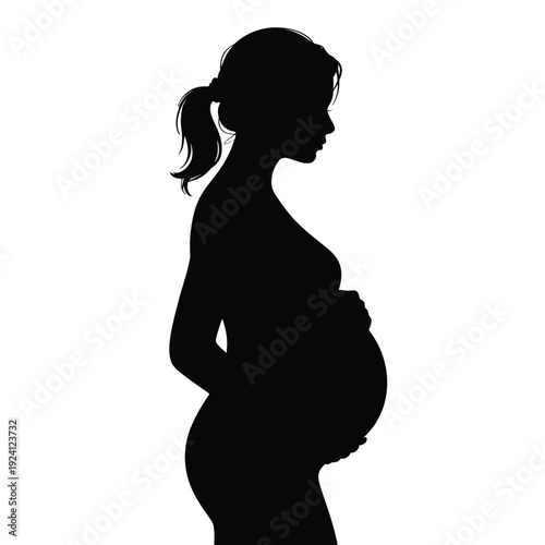 Silhouette of a pregnant woman in profile against a white background