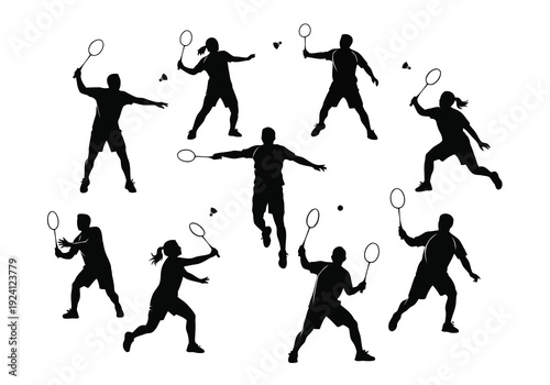 A group of tennis players in dynamic silhouette poses with rackets and balls on a white background