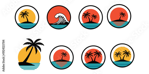 Set of circular icons featuring tropical island scenes with palm trees and ocean waves Keywords: icon, set, tropical, island
