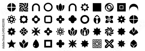 Abstract geometric shape icon set vector, decorative floral clover swirl symbols isolated on transparent background