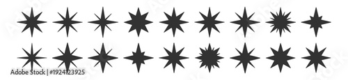 Sparkle star icons set, decorative shine burst symbols isolated on transparent background