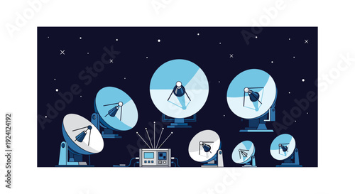 An array of seven radio telescope dishes and a control unit are positioned under a deep blue starry night sky.