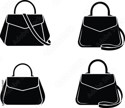 Elegant luxury leather handbag icon set with gold hardware isolated on white background for fashion brand logo and web design