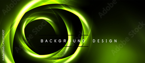Dark backdrop features vibrant green swirling lines. Text reads background design centered within circular glow effect. Modern, dynamic visual.