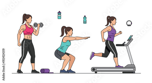 Three women perform various exercises including lifting, squatting, and running.