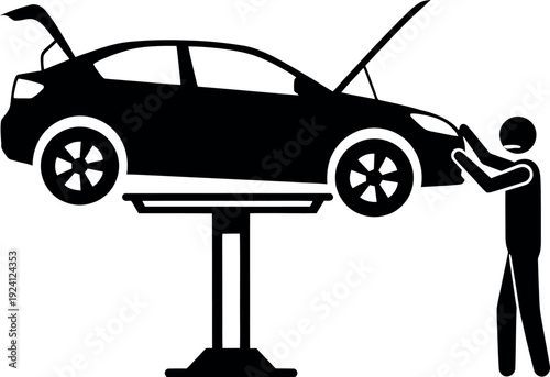 Mechanic performing maintenance on a car using a hydraulic lift in a garage setting