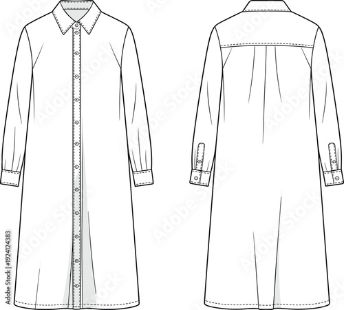 Technical flat sketch of a white button-down long-sleeved shirt dress front and back long sleeve button down