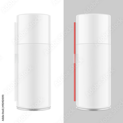Industrial aerosol spray can mockup. Hight realistic vector illustration isolated on white and grey background. Easy to use for presentation your product, idea, design. EPS10.