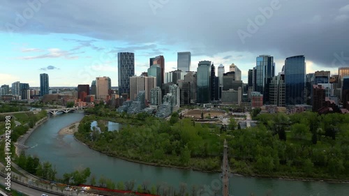 Wallpaper Mural Calgary drone aerial view of skyline with modern skyscrapers lining the Bow River in Alberta, Canada Torontodigital.ca
