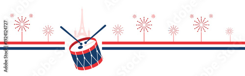 Dynamic Bastille Day 14 July Banner with Tilted Snare Drum and Tricolor Fireworks, Minimal French National Celebration Design