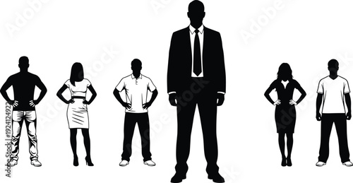 Black and White Silhouette Vector Set of a Large Business Leader Standing with Diverse Group of Professionals Representing Corporate Authority Teamwork Leadership and Recruitment
