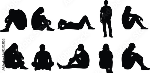 Black Silhouette Set of Male Athlete Running Champion Celebrating on Podium and Pensive Man Sitting and Thinking About Success and Life Goals