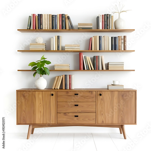 Mid-century modern walnut credenza and floating shelves styled with books, vases, and a teacup.