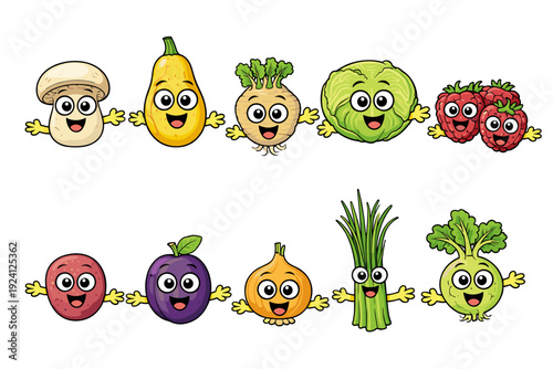 Cute smiling fruit and vegetable characters with big eyes and arms, isolated on white. Healthy food concept set for kids education, nutrition, and fun labels.