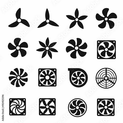 Set of 16 black ventilation fan icons: propellers with different blades, cooling computer case fans in frames, blower turbine and circular grille. Minimal airflow symbols on white.