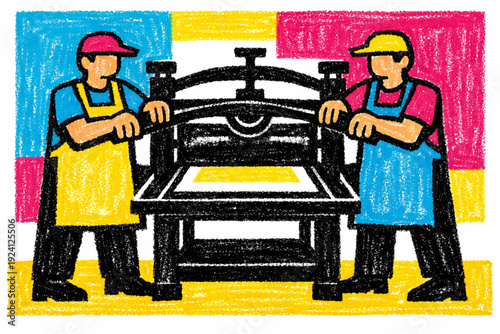 Two workers operating a printing press with colorful background in a crayon drawing style
