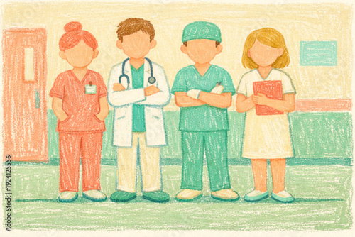 Diverse medical team standing together in a hospital hallway, ready to help patients