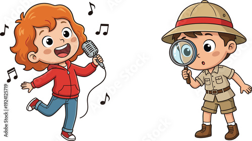 Cute Cartoon Kids Characters Singing with Microphone and Little Explorer Boy with Magnifying Glass Vector Illustration