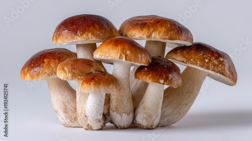 A Cluster of Fresh Porcini Mushrooms Exhibiting Rich Brown Caps and Creamy Stems Set Against a Light Gray Background for Culinary and Nature Photography