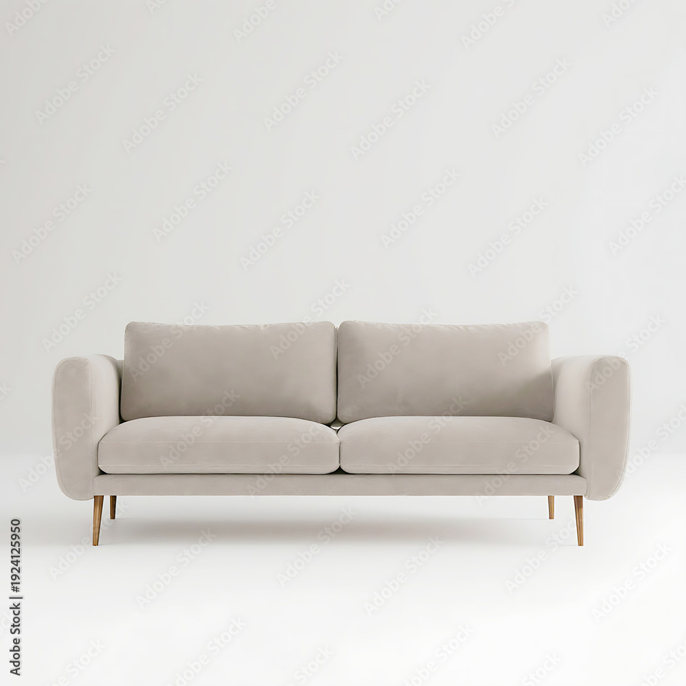 Fototapeta premium Elegant light grey velvet two-seater sofa with plush cushions and sleek wooden legs, isolated on a white background