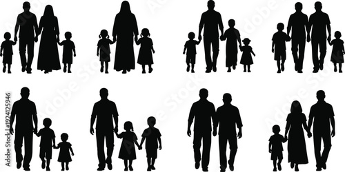 Black Silhouette Vector Set of Happy Families with Parents and Children Holding Hands and Walking Together Representing Love Unity and Childhood Parenting Concept