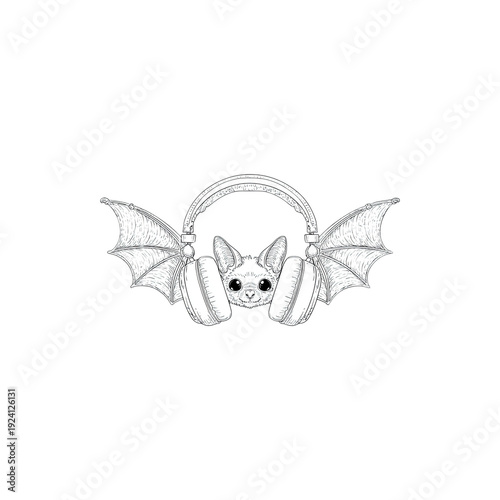 Cute bat wearing large headphones with spread wings detailed monochrome hand drawn illustration isolated on white background
