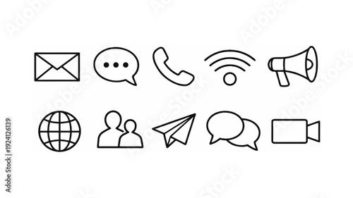 Black-and-white communication icons arranged in grid, featuring envelope, speech bubble, phone handset, Wi-Fi signal, megaphone, globe, user silhouettes, paper airplane, overlapping chat bubbles, and 