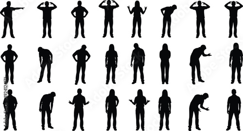 Black Silhouette Vector Set of Men and Women in Various Standing Poses Including Pointing Hands on Head and Shrugging Representing Confusion and Communication