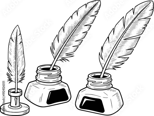 Black and white of quill pens and inkwells in vintage style writing