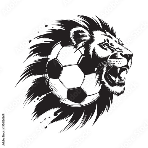 A fierce lion s head merges with a soccer ball in a dynamic black and white illustration